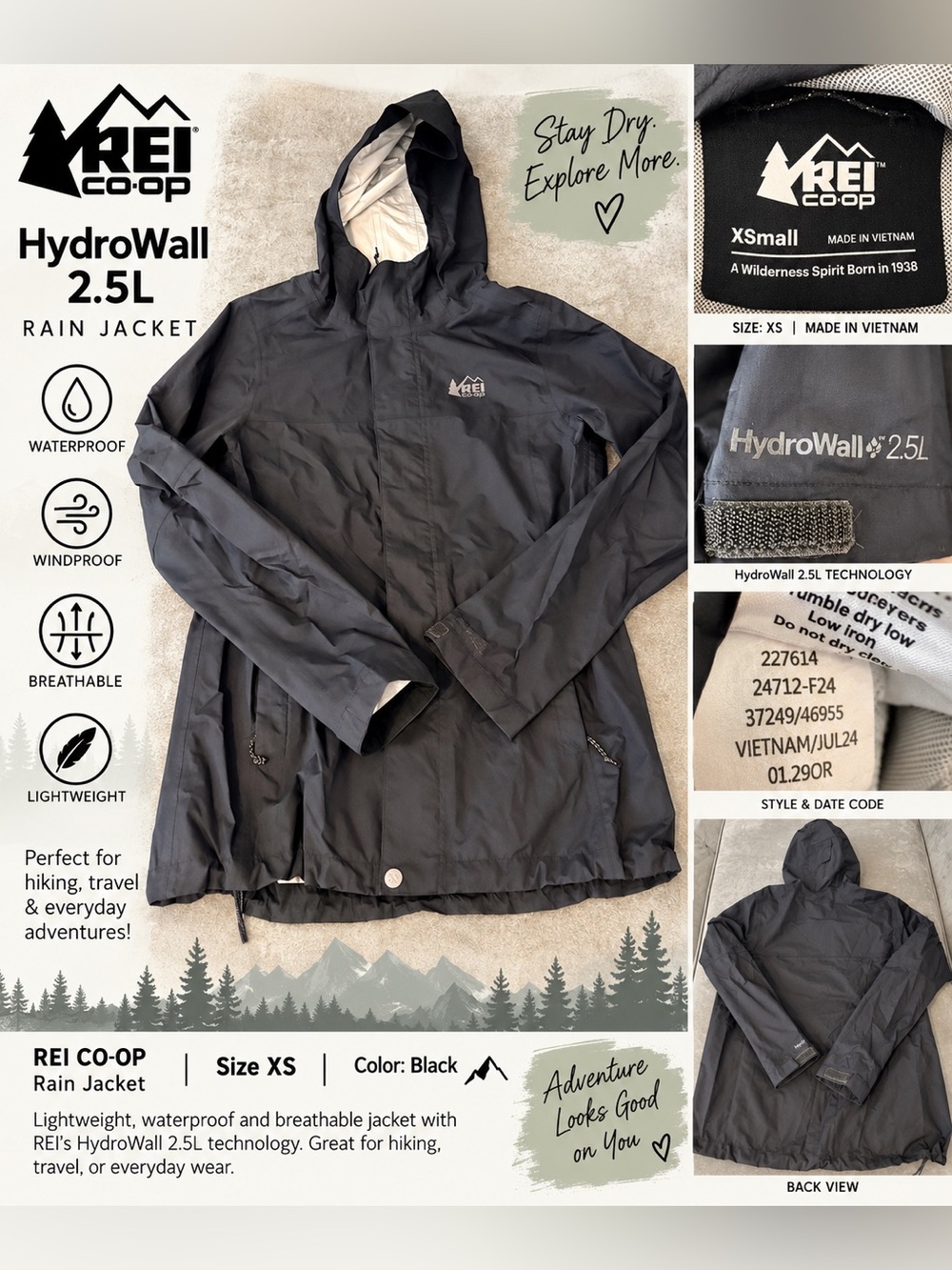REI HydroWall 2.5L Men's Black Rain Jacket